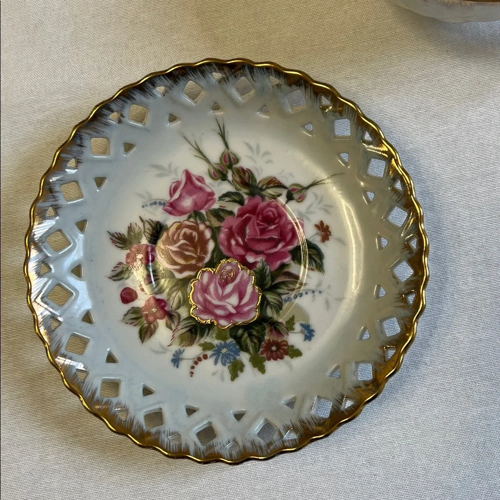 Vintage Iridescent Lusterware Moriage Footed Teacup Reticulated Saucer Pink Rose